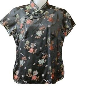 Solz Squirrel Black Oriental Asian Floral Embroidered Geisha Top Vintage 42